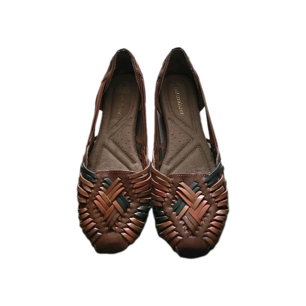 Naturalizer 8 Woven Leather Huarache Flats Brown Green Shoes Boho Peasant Soft
